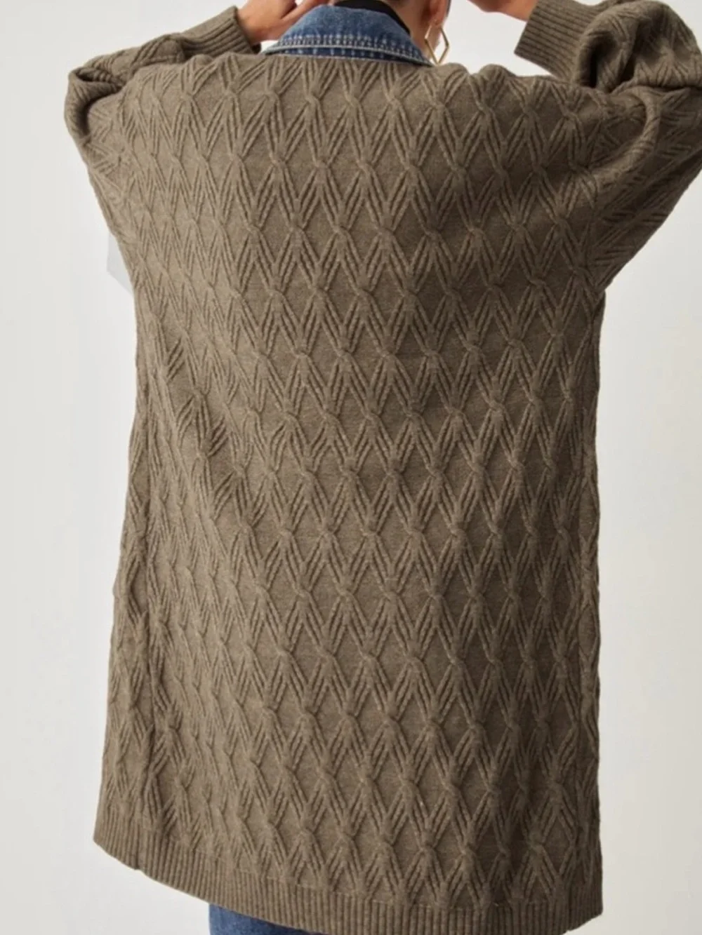 COMMENSE Diamond Stitch Knitting Longline Cardigan Denim Tan Oversized fit S - Picture 3 of 15